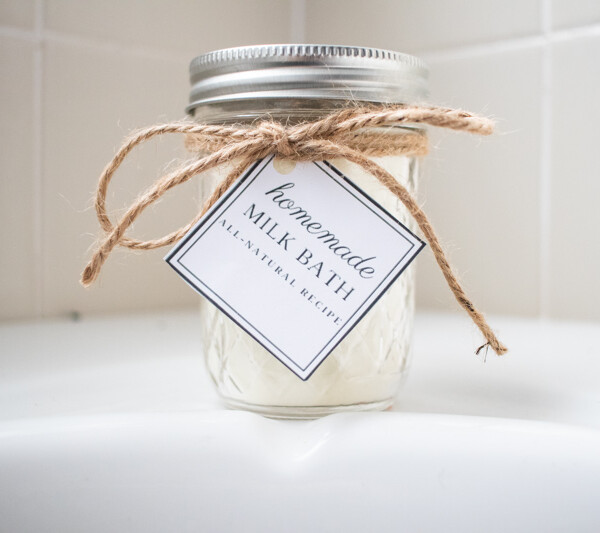 jar of powdered milk bath with gift tag