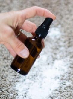 Amber colored bottle spraying on carpet over baking soda.