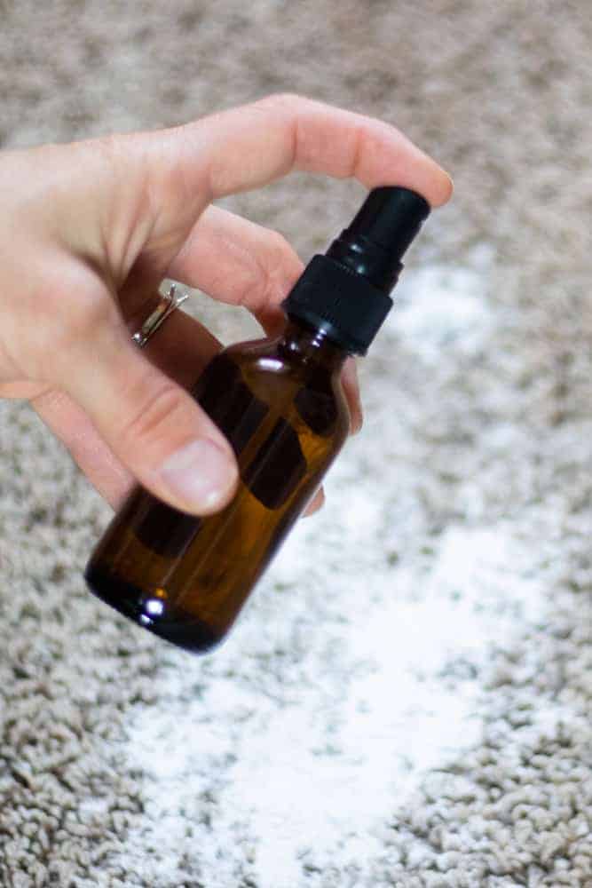 Amber colored bottle spraying on carpet over baking soda.