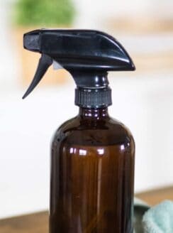 homemade cleaning product in glass spray bottle.