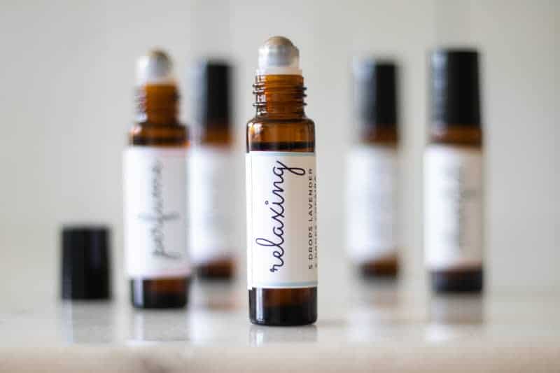 essential oil roller bottles with white printable labels