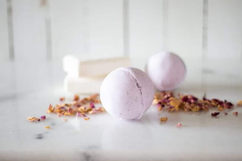 lavender essential oil bath bombs on white marble