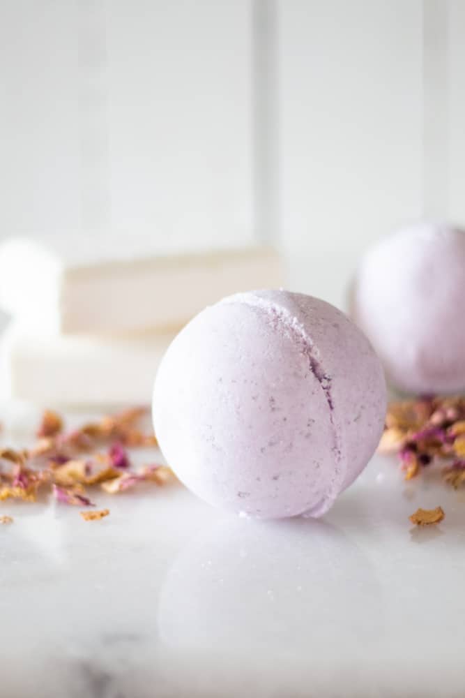 lavender bath bombs with soap bars in background
