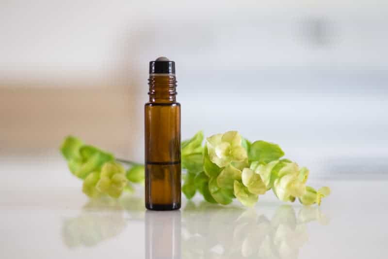 amber colored roller bottle with essential oils for bug bite relief with green plant in background.