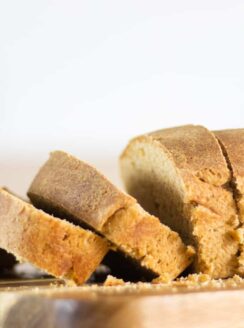 Sourdough bread on cutting board.