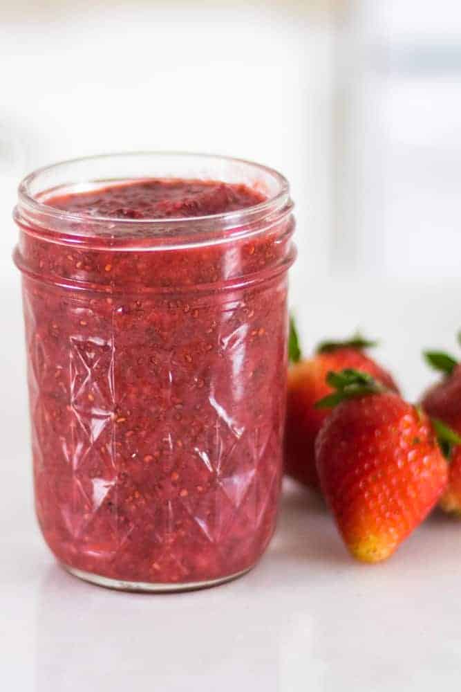 chia seed strawberry jam in mason jar