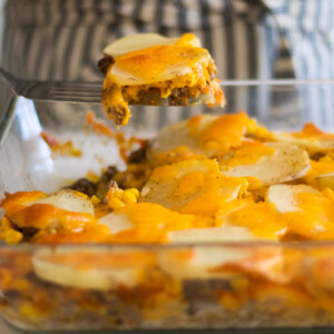 cheesy hamburger casserole in 9 by 13