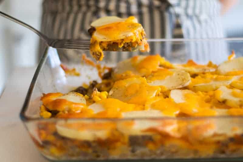 cheesy hamburger casserole in 9 by 13