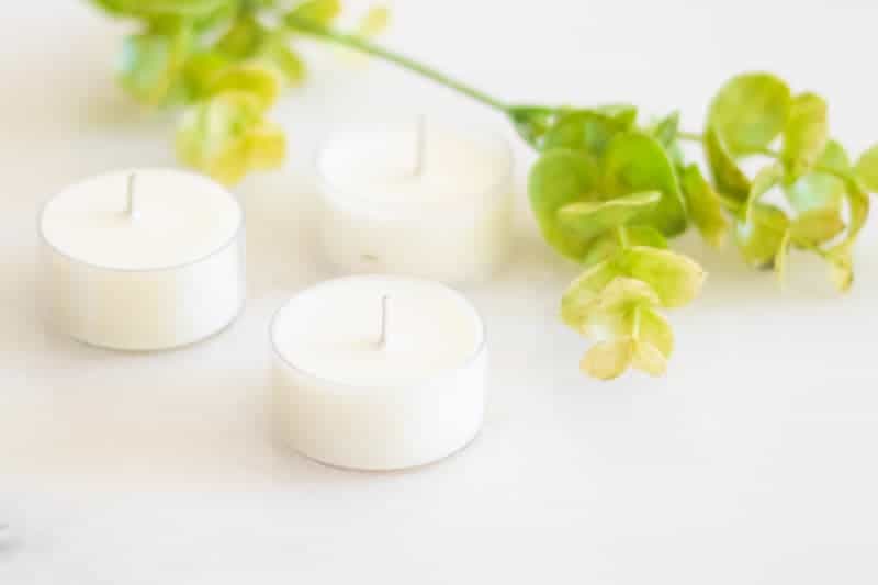 citronella candles on white marble with a green sprig.