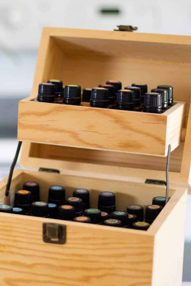 wooden essential oil storage box full of must have essential oils