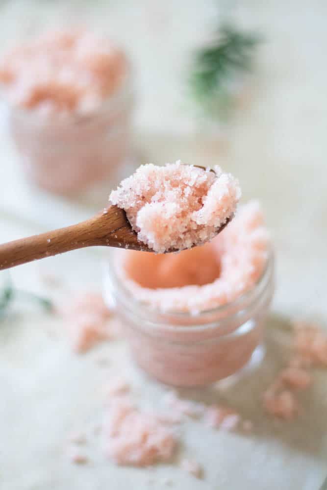 Homemade foot scrub in small glass mason jar. 