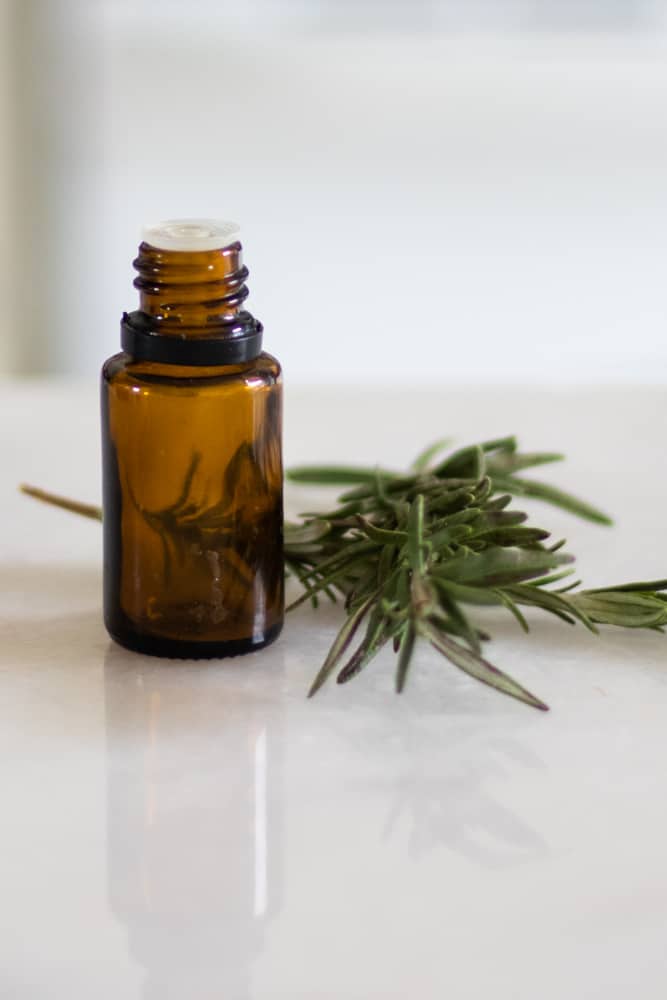 rosemary essential oil bottle and fresh rosemary leaves