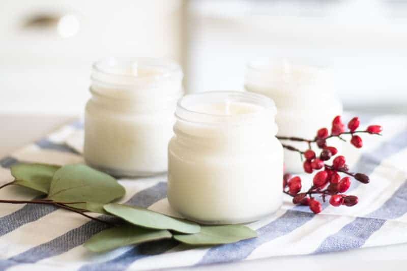 homemade candles in small glass mason jars with eucalyptus and cranberries in background