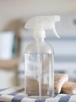 diy mold spray in glass spray bottle on white table