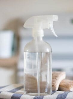 diy mold spray in glass spray bottle on white table