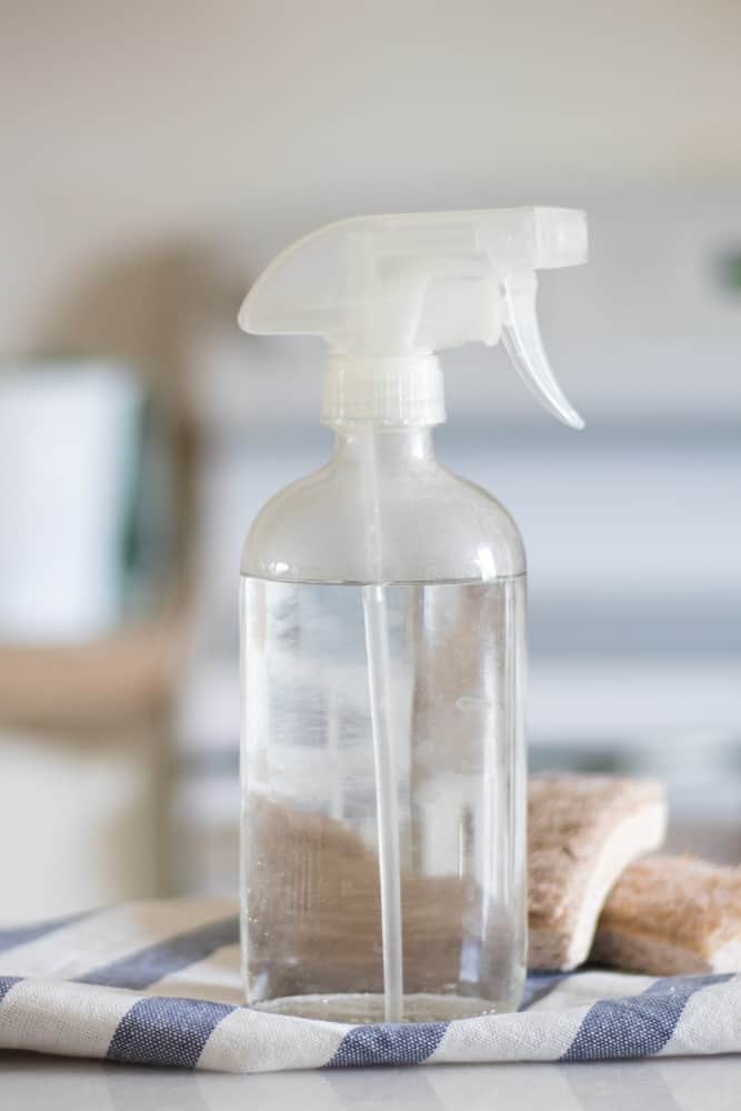diy mold spray in glass spray bottle on white table with scrubbing brushes