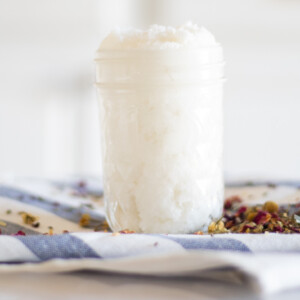Whipped sugar scrub in mason jar.