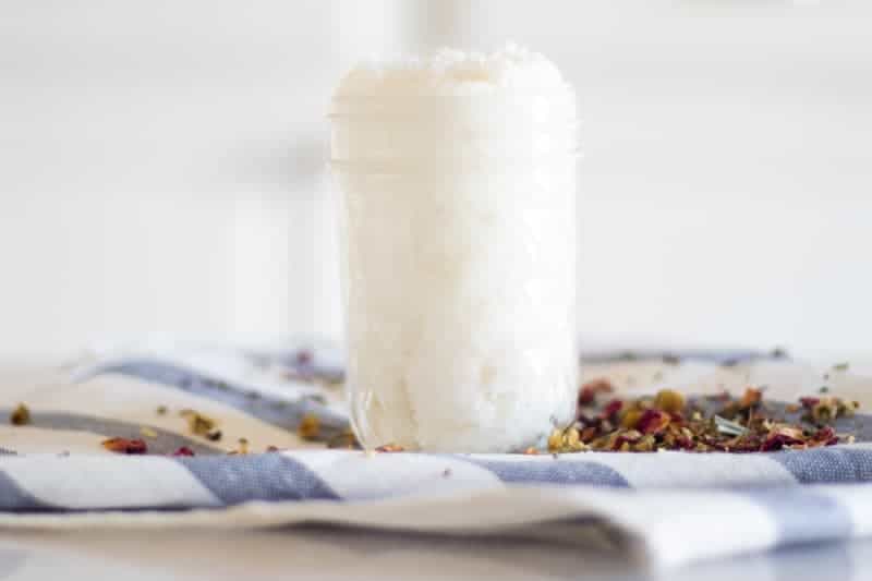 Whipped lavender sugar scrub in mason jar.