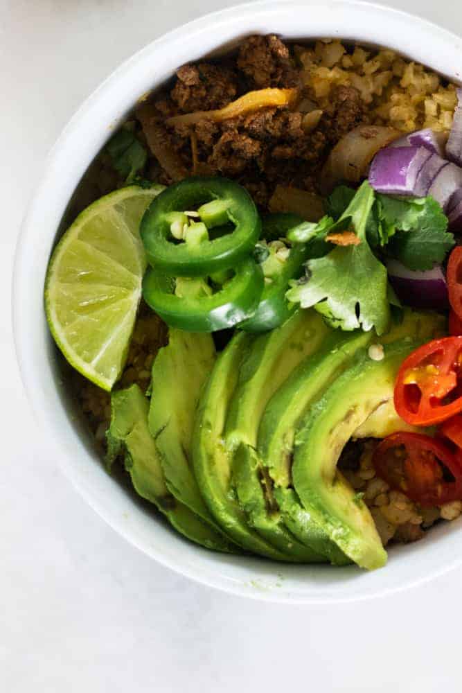 whole30 taco bowl in white bowl