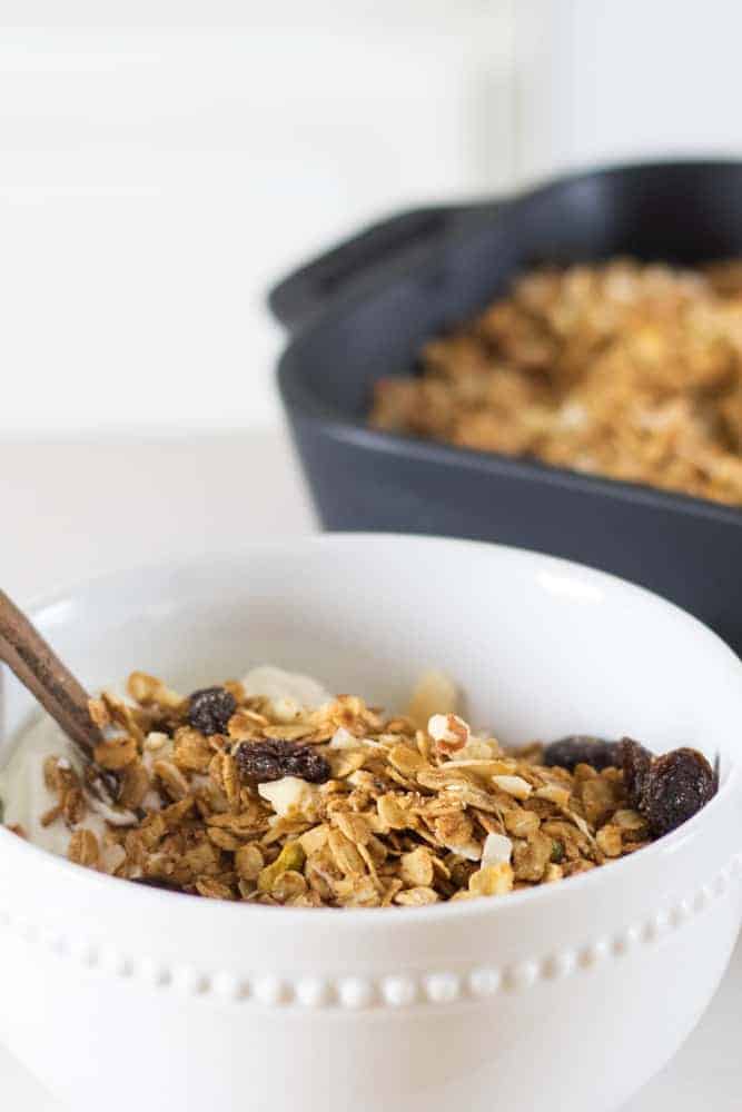 healthy sugar free granola with chopped nuts, shredded coconut and raisins in decorative white bowl with a golden spoon