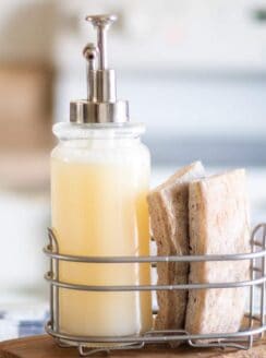 homemade dish soap in metal caddy