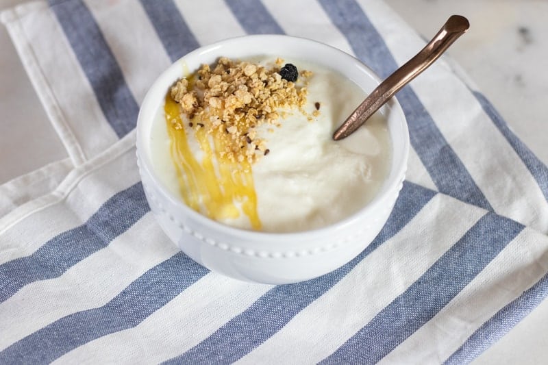 Homemade yogurt in white bowl with granola and honey in it.