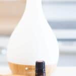 pink pepper essential oil infront of a diffuser.