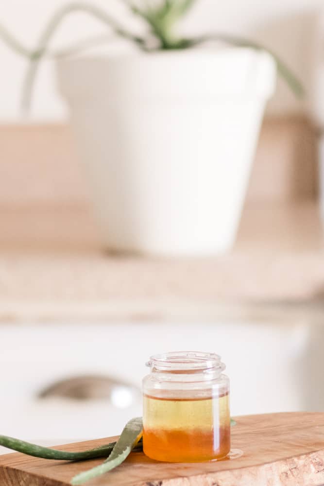 Aloe hair mask in small container and aloe plant in white pot behind it.