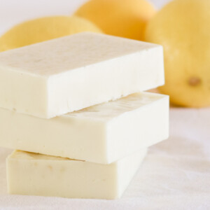 Stack of homemade goat milk soap bars.