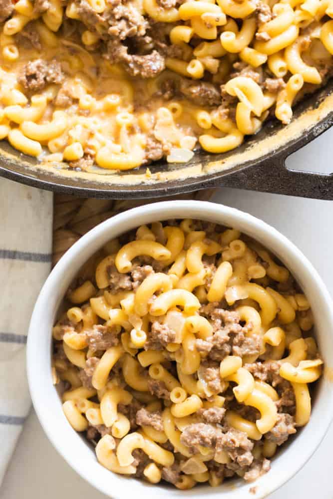 White bowl of homemade gluten free hamburger helper.