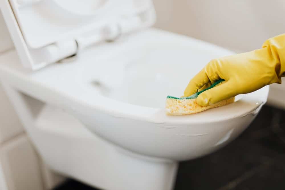 Wiping out the rust rings with a sponge and homemade foaming toilet bowl cleaner. 