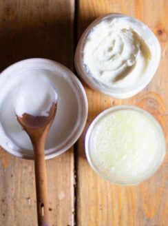 3 skin care recipes for oily skin in small glass containers.
