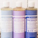 Dr Bronners castile soaps lined up.