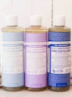 Dr Bronners castile soaps lined up.