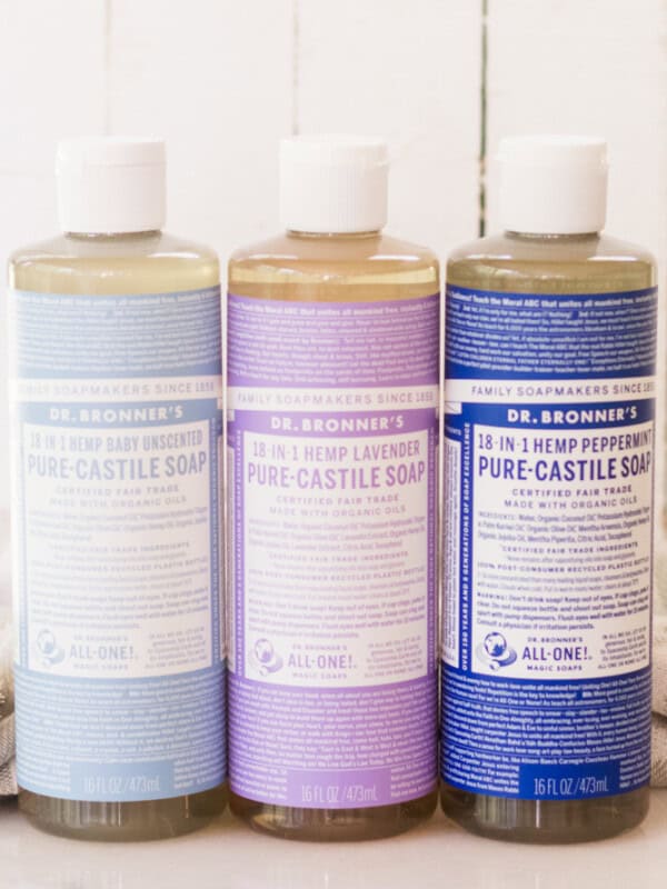Dr Bronners castile soaps lined up.