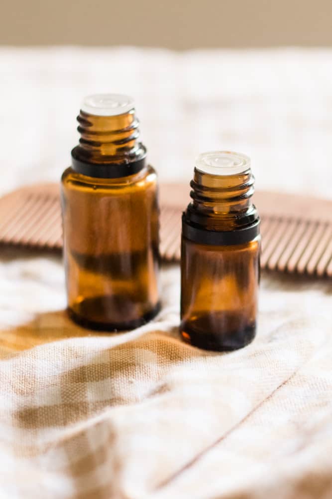 Essential oils for hair in glass 10mL bottles.