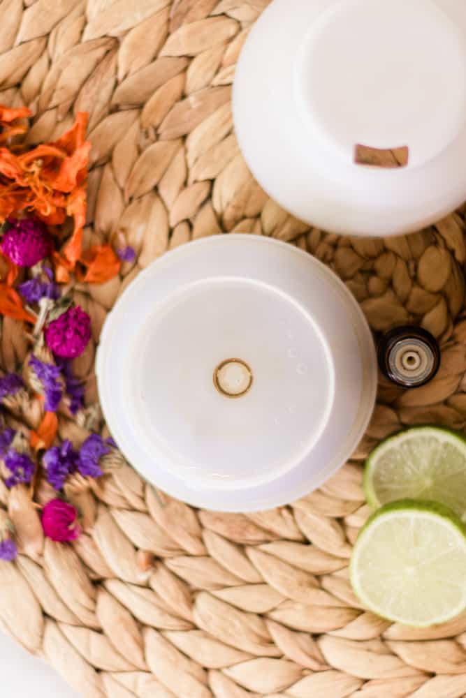 White diffuser open with tropical diffuser blend inside. Bright flowers all around diffuser. 