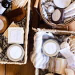 Beauty gift baskets with homemade natural products in different wicker baskets.