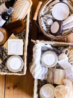 Beauty gift baskets with homemade natural products in different wicker baskets.