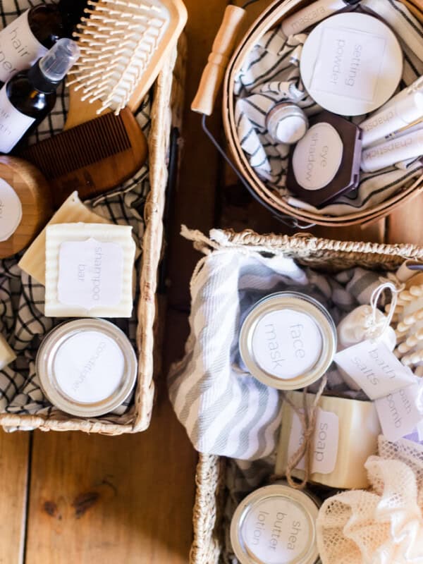 Beauty gift baskets with homemade natural products in different wicker baskets.