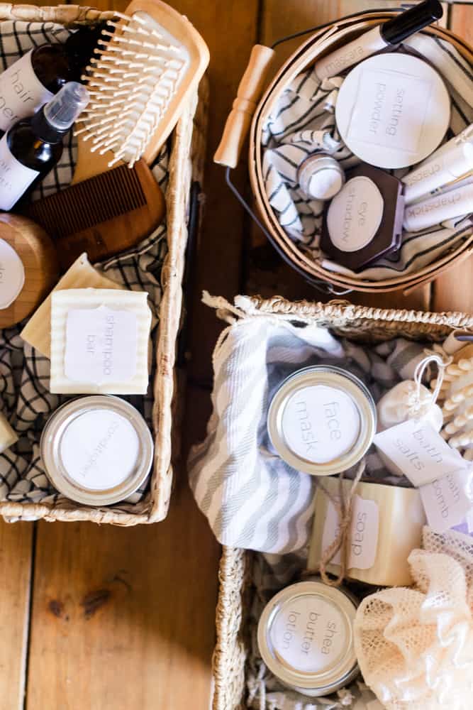 homemade gifts for skincare and haircare in wicker baskets.