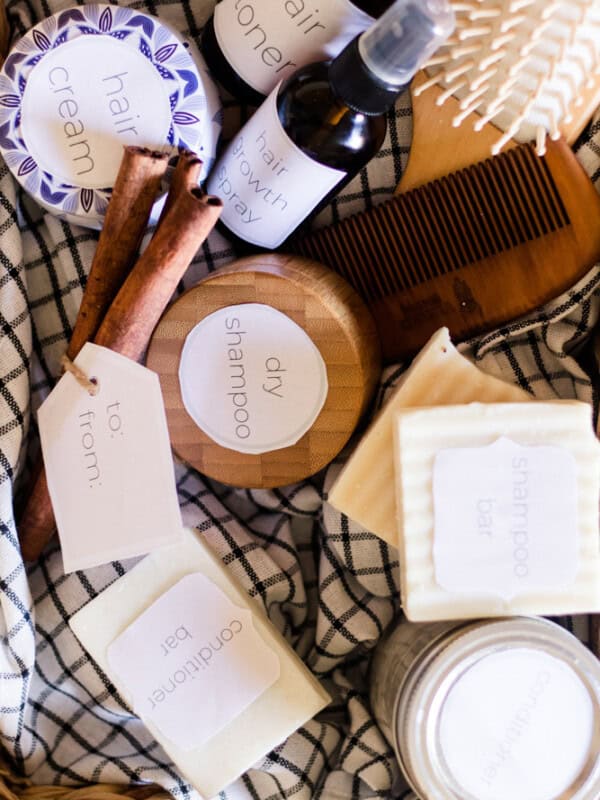 Basket full of homemade gifts for a christmas gift.