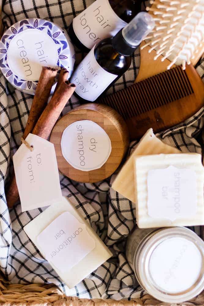 Basket with homemade hair care products in it.