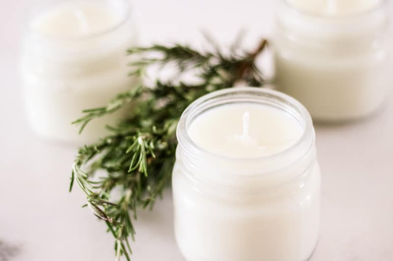 Three soy wax candles with rosemary sprigs behind them.