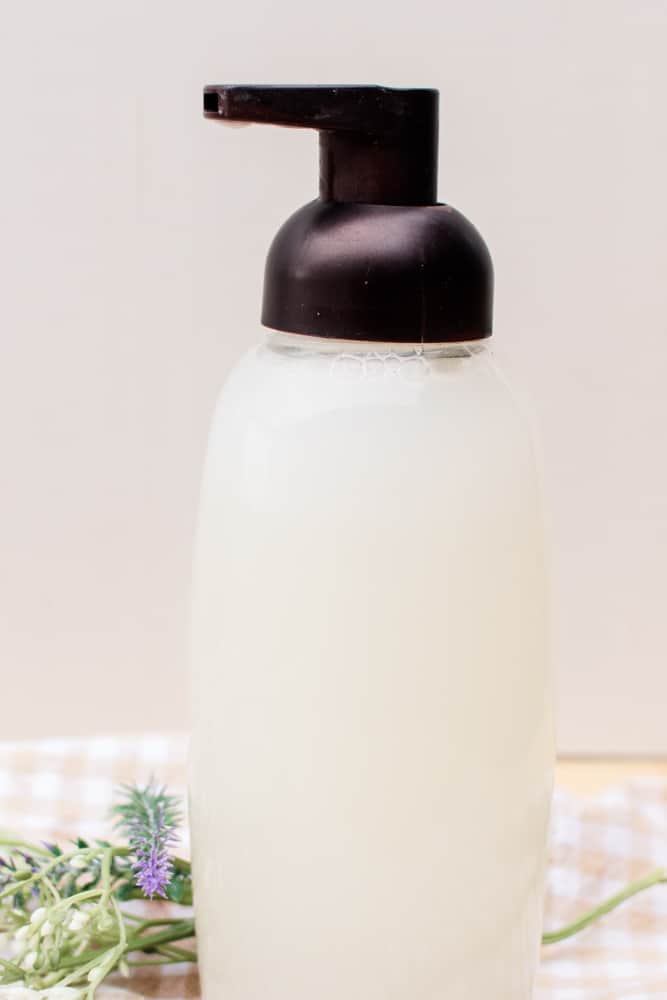 A homemade foaming hand soap in a reusable soap dispenser.