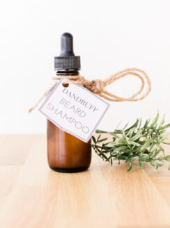 Beard dandruff shampoo with decorative label tied on with hemp string.