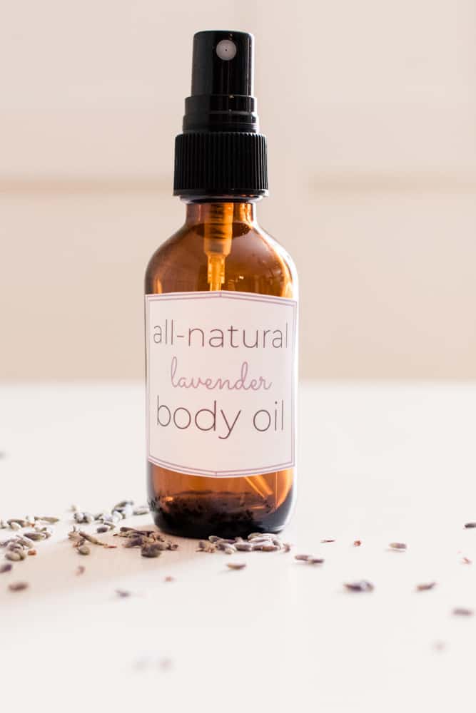 DIY body oil in amber colored glass dropper bottle.