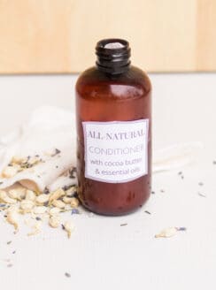 A DIY hair conditioner on bathroom vanity.