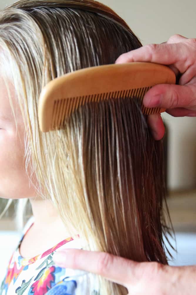 Combing detangler spray into hair with a wooden wide tooth comb.