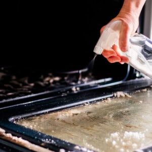 Spraying a degreaser on the oven door to clean it.